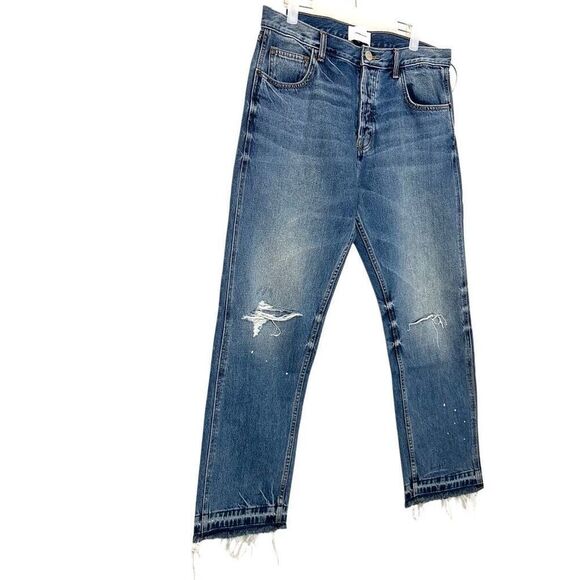 Current/Elliott Distressed Whiskering Raw Hem Straight Leg Jeans Blue Size 31 - Picture 3 of 6